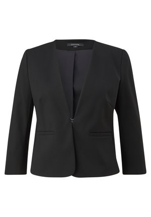 Sort skræddersyet dameblazer med lange ærmer, ingen krave, lukning med hægte og øje foran samt to horisontale forlommer.