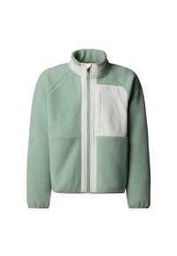 Jachetă din fleece verde deschis, cu fermoar frontal, guler înalt și panou alb cu un mic logo. Textură moale și design ajustat.