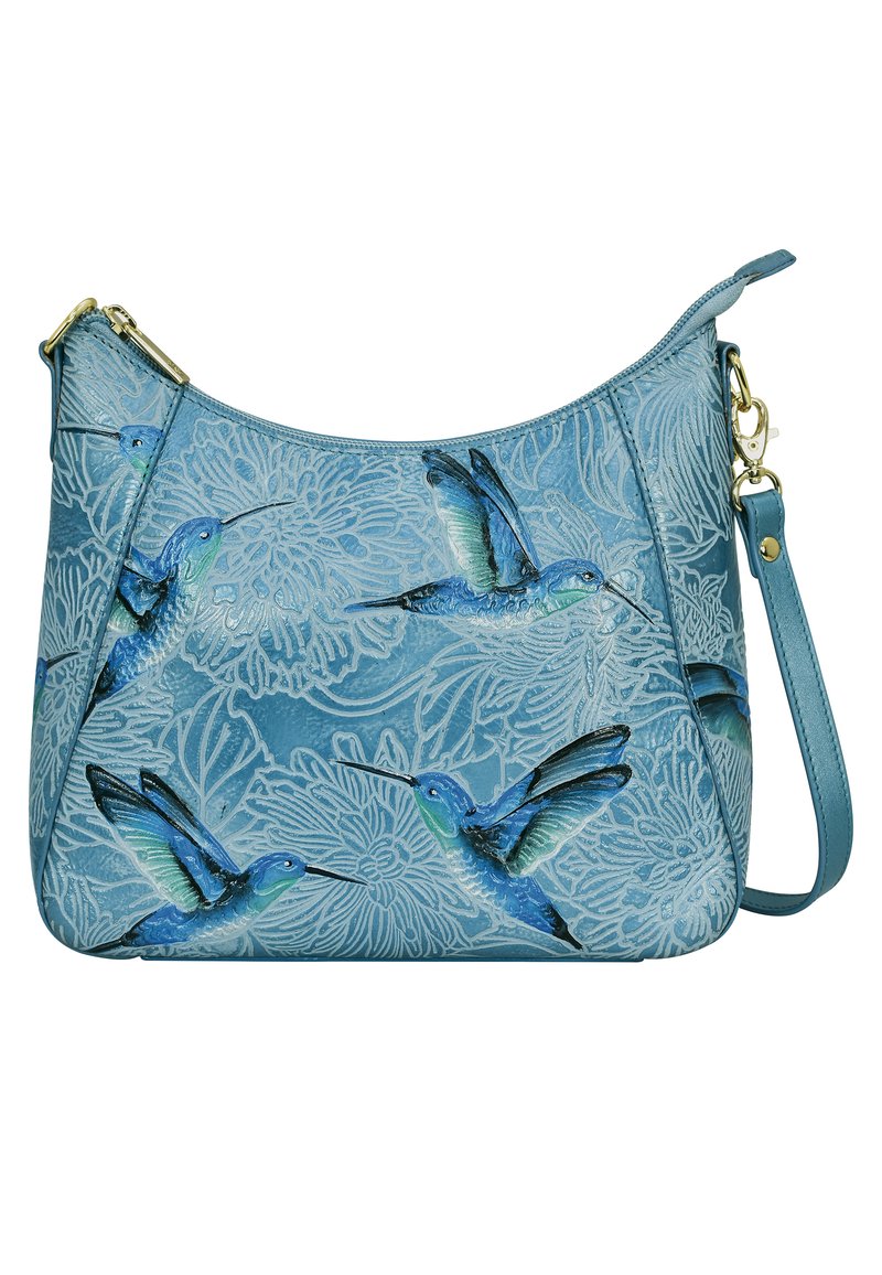 Blauwe leren handtas met gegraveerde bloemmotieven en levendige illustraties van kolibries. Gouden hardware, verstelbare schouderband.