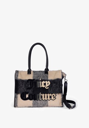 Borsa a tracolla in finta pelliccia con strisce beige e grigie, dotata di un logo ricamato nero. Manici in pelle nera e cintura removibile inclusi.