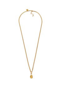 Collier en or avec un pendentif ovale délicat orné d'une pierre ambre clair. La chaîne est tressée et présente un fermoir en forme de homard.