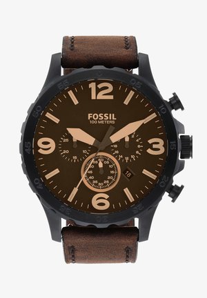 Black chronograph watch with a brown leather strap, featuring a dark brown dial, large Arabic numerals, and three sub-dials. Water-resistant up to 100 meters.