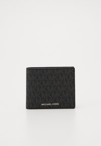 Portefeuille en tissu noir avec un motif logo MK sur toute sa surface, orné d'un logo métallique "MICHAEL KORS" sur le devant. Forme compacte et rectangulaire.