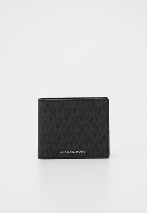 Black fabric wallet featuring an all-over MK logo pattern, with a metallic "MICHAEL KORS" logo on the front. Compact, rectangular shape.