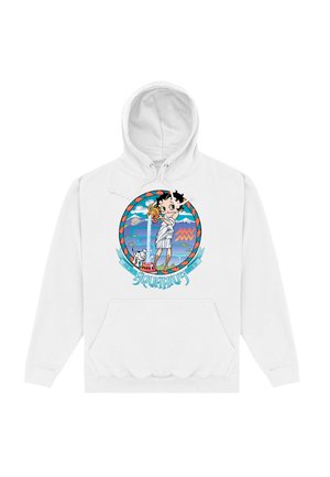 Biała bluza z kapturem z kolorową grafiką przedstawiającą dziewczynę trzymającą kij, otoczoną okrągłą ramką z psem i stylizowanymi elementami.