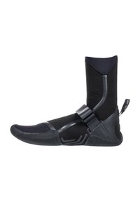 Black neoprene water boot with reinforced toe, adjustable strap, textured sole, and ankle height for added support and protection.