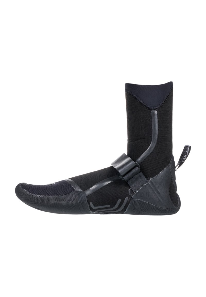 Black neoprene water boot with reinforced toe, adjustable strap, textured sole, and ankle height for added support and protection.
