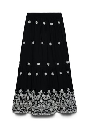 Gonna midi nera con piccoli fiori bianchi ricamati sparsi sulla superficie e un fitto ricamo floreale lungo l'orlo smerlato.