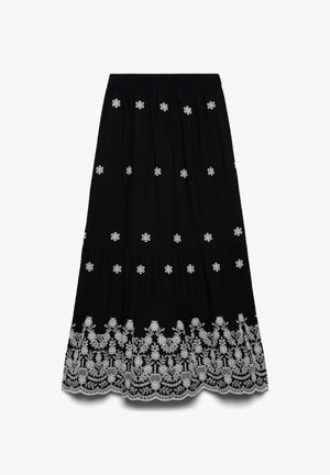 Gonna midi nera con piccoli fiori bianchi ricamati sparsi sulla superficie e un fitto ricamo floreale lungo l'orlo smerlato.