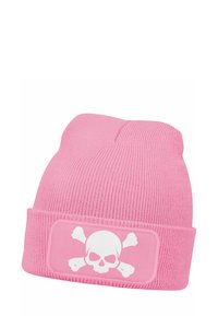 Pink knitted beanie with a ribbed texture, featuring a white skull and crossbones graphic on a rectangular patch.
