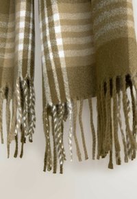 Groen en beige geblokte sjaal van een zachte stof, met franjes en witte accenten. Rechthoekige vorm met een comfortabele textuur.