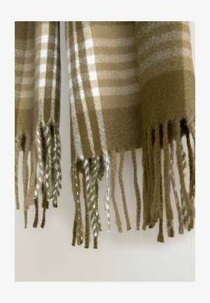 Green and beige checkered scarf made of soft fabric, featuring fringed edges with white accents. Rectangular shape with a cozy texture.