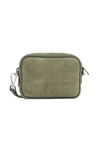 Borsa a tracolla rettangolare in suede verde oliva con angoli arrotondati, bordo nero, chiusura con zip e tracolla staccabile con gancio in metallo.