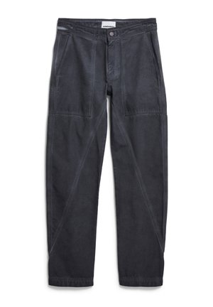 Dunkelgraue, leichte Baumwollhose mit lockerer Passform. Mit schrägen Vorderentaschen und einem Knopfverschluss. Glatte Textur, gerade Beine.