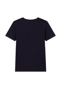 Marineblauwe katoenen T-shirt met korte mouwen en een ronde hals, met een effen achterkant zonder patronen of duidelijke accenten.