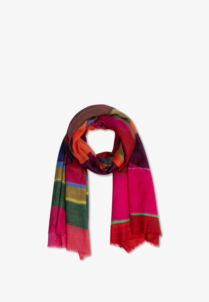 Multicolor sjaal met strepen in roze, rood, groen en bruin, gemaakt van lichtgewicht stof met rafelige randen en een zachte textuur.