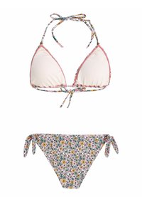 Bloemrijke bikini-set met een crèmekleurige driehoekige top met roze bies en een geprinte onderkant met een roze achtergrond, gele, groene en witte bloemen.