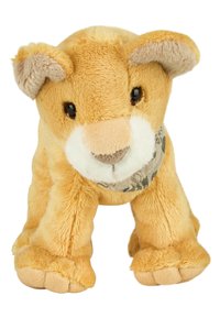 Stuffed lion with a soft, plush golden-yellow body, short ears, black eyes, and a white muzzle, wearing a patterned fabric scarf around its neck.