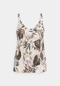 Caraco en satin avec bretelles réglables, présentant un motif floral vert, marron et rose sur fond crème.