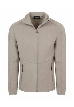 Lichtbeige fleecejack met rits aan de voorkant, twee ritszakken aan de zijkant, hoge kraag en "Tenson"-logo op borst en mouw.
