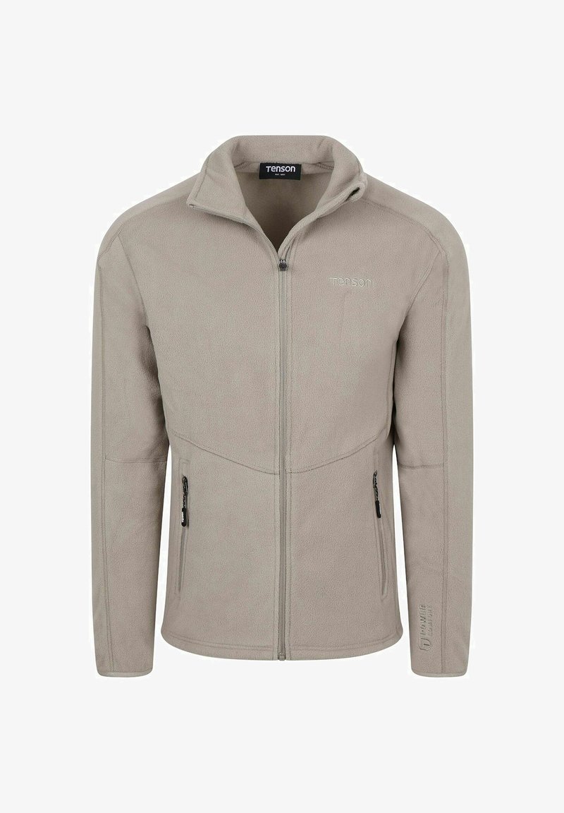 Light beige fleece jacket with front zipper, two zippered side pockets, high collar, and "Tenson" logo on chest and sleeve.