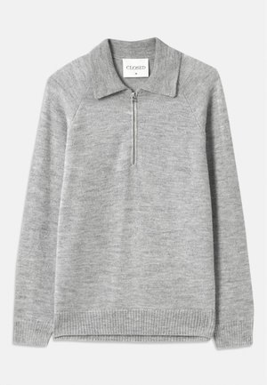 Gray pullover sweater with a collar and half-zipper. Made of a soft knit material, featuring ribbed hem and sleeves, with a flat texture.