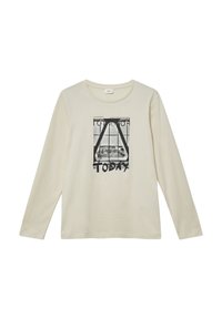 Beżowa koszulka z długim rękawem wykonana z bawełny, z czarno-białym nadrukiem krajobrazu i napisem "TODAY" na dole.