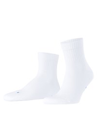Weiße Baumwollsocken mit einem gerippten Textur. Merkmale sind eine mittelhohe Ausführung bis zur Wade und blaue Akzente im Zehenbereich.