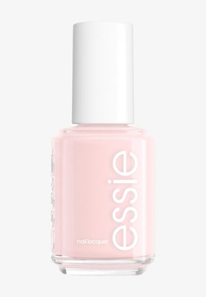 Flasche mit hellrosa Nagellack der Marke Essie mit weißem Deckel und Etikett auf weißem Hintergrund.