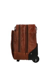 Brown leather wheeled suitcase with multiple zippered compartments shown from the side on a white background.