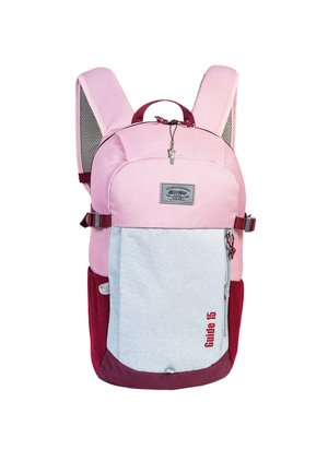 Roze en bordeaux rugzak met gewatteerde bandjes, voorvak met rits, zijvak van gaas en de tekst "Guide 15" op het voorpaneel.