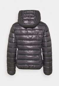 Black puffer jacket with a hood, featuring quilted sections and shiny, smooth texture. Ribbed cuffs and hem add structure.