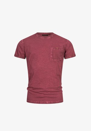 T-shirt pour homme à manches courtes couleur bordeaux avec une petite poche poitrine dotée d'un détail en bouton.