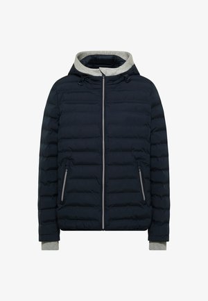 Giacca imbottita blu navy con cappuccio, foderata internamente in grigio, con cerniera frontale e due tasche laterali con zip; texture trapuntata su tutta la superficie.