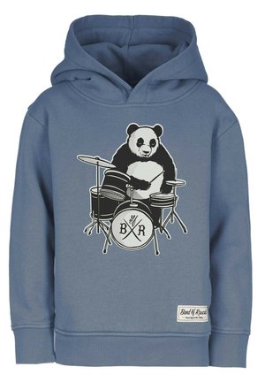 Felpa blu in cotone con un'illustrazione di un panda che suona la batteria. Include polsini e orlo a coste, con un'etichetta del marchio sul lato inferiore destro.