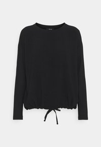 Schwarzes Langarmoberteil aus weichem Stoff, mit rundem Auschnitt und gesammeltem Saum mit einem Kordelzug für eine verstellbare Passform.