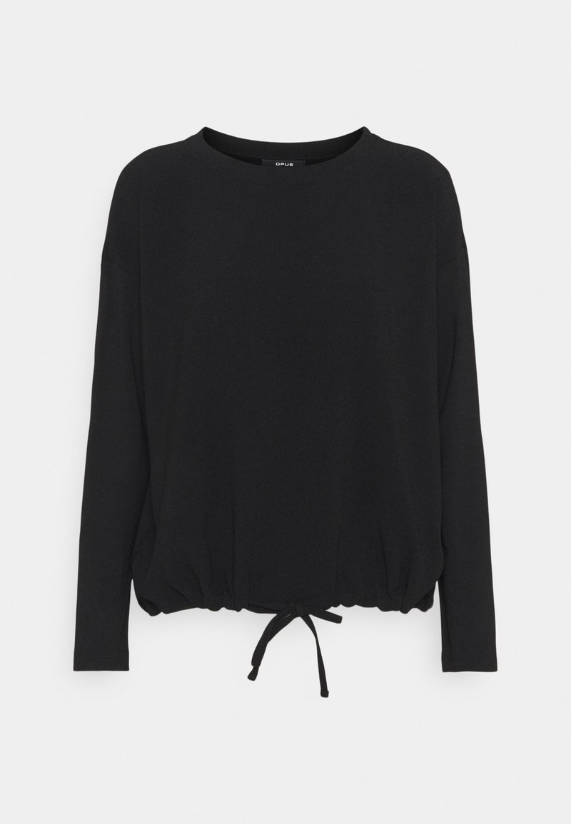 Schwarzes Langarmoberteil aus weichem Stoff, mit rundem Auschnitt und gesammeltem Saum mit einem Kordelzug für eine verstellbare Passform.
