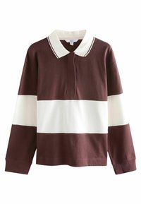Bordeaux- und weiße gestreifte Langarm-Polohemd mit einem kontrastierenden weißen Kragen und Akzentnähten. Lockere Passform, aus Baumwollmaterial.