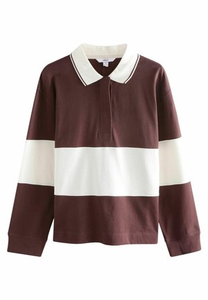 Mørkerød og hvid stribet langærmet polo-shirt med en kontrasterende hvid krave og accentsting. Løs pasform, lavet af bomuldsstof.