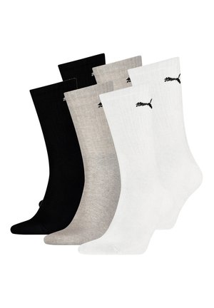 Vier Paare Crew-Socken in Schwarz, Grau und Weiß, mit ribbeliger Textur und kleinen schwarzen Logo-Akzenten an der Oberseite.
