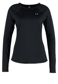 Långärmad svart träningsskjorta gjord av slät tyg, med runt halsringning och subtil logotyp på övre vänstra bröstet.