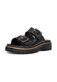 Black patent leather sandals with two adjustable buckles, open toe design, textured surface, and a chunky black sole with a wooden accent.