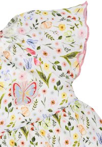 Blumenkleid aus weißem Stoff, mit kurzen, flatternden Ärmeln, lebendigen Mustern von Blumen und Schmetterlingen sowie einem bunten Schmetterlingspatch-Detail.