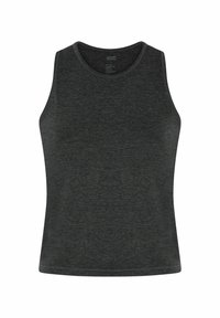 Donkergrijs mouwloos tanktop met een ronde halslijn en een aansluitende, sportieve pasvorm.