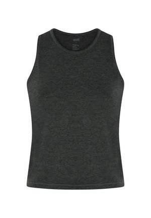 Sötétszürke ujjatlan trikó, kerek nyakkivágással és testhez simuló, sportos szabással.