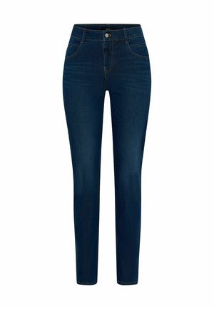 Dunkelblaue Denim-Jeans im Slim-Fit-Schnitt, mit fünf Taschen und Messingknopfverschluss an der Taille. Glatte Textur mit minimaler Nahtverarbeitung.