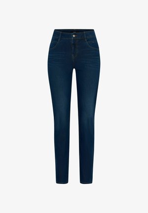 Jeans in denim blu scuro con vestibilità slim, design a cinque tasche e chiusura con bottone in ottone in vita. Texture liscia con cuciture minime.