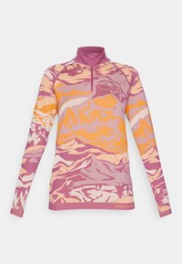 Long-sleeve pink and orange zip-up sweater with mountain, forest, eagle, and bear patterns in a layered landscape design.