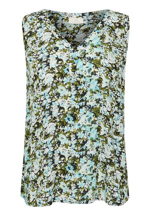Top bez rękawów w kwiatowy wzór, w odcieniach niebieskiego i zielonego na białym tle. Dekolt w serek z miękką teksturą materiału.