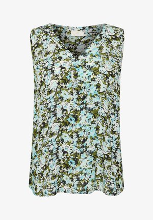 Õlavarrasteta tipp lilleprintidega, kus on sinise ja rohelise toone valgel taustal. V-kujuline disain pehme kangast tekstuuriga.